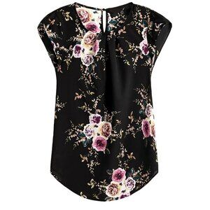 Milumia Floral Petal Cap Sleeve Blouse, Pleated V-Neck, Navy/Rose Floral, XXL
